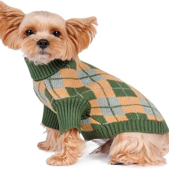 Dog Sweater Argyle Diamond Plaid Turtleneck Green Blue Tan Small Dogs 13 x 8 in - Picture 9 of 13